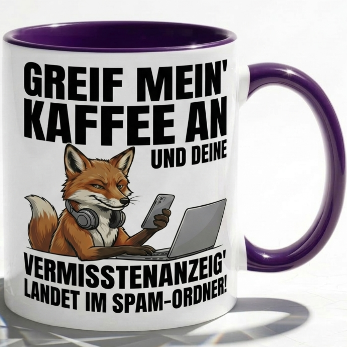 Lustige Fuchs Tasse Spruch Greif mein Kaffee an Vermisstenanzeig landet im Spam-Ordner – Witzige Kaffeetasse Büro Arbeit Job IT Hacker Humor – Geschenk Kollegen – Keramik Becher 330ml