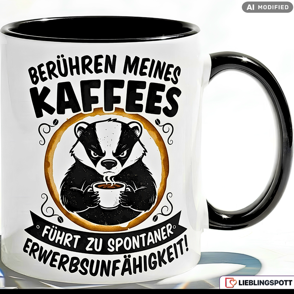 Lustige Dachs Tasse Spruch Berühren meines Kaffees führt zu spontaner Erwerbsunfähigkeit – Witzige Kaffeetasse Büro Arbeit Job – Geschenk Kollegen Chef Humor – Keramik 330ml