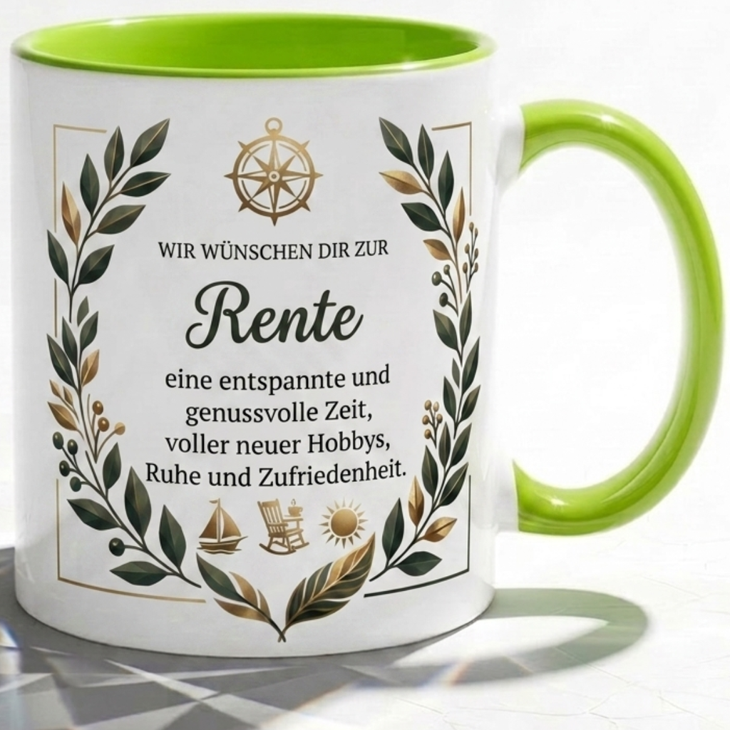 Tasse Spruch Wir wünschen dir zur Rente eine entspannte genussvolle Zeit – Geschenk zum Ruhestand Abschied Kollege Rente 2026 – Kaffeetasse – Keramik Becher Weiß Blau 330ml