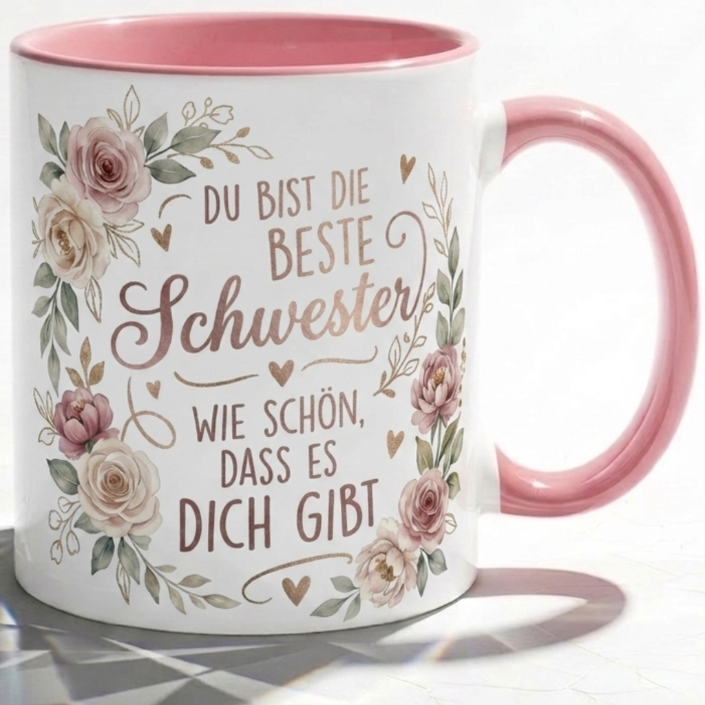 Schwester Tasse Spruch Du bist die beste Schwester Wie schön dass es dich gibt – Geschenk für Schwestern Geburtstag Danke Weihnachten – Kaffeetasse Blumen – Keramik Becher Weiß Rosa 330ml