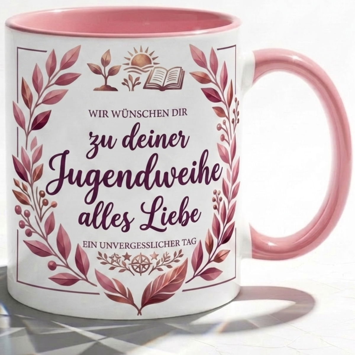 Jugendweihe Tasse Spruch Wir wünschen dir zu deiner Jugendweihe alles Liebe – Geschenk für Mädchen Teenager Erinnerung Feier 2027 – Kaffeetasse Blumenmotiv– Keramik Becher Weiß Rosa 330ml