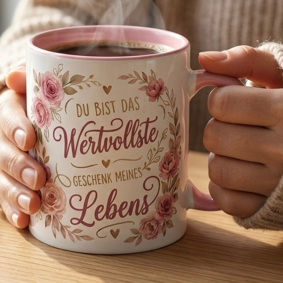 Lieblingsmensch Tasse Spruch Du bist das wertvollste Geschenk meines Lebens – Geschenk Geburtstag Jahrestag Danke Weihnachten Partner – Kaffeetasse Blumen – Keramik Becher 330ml