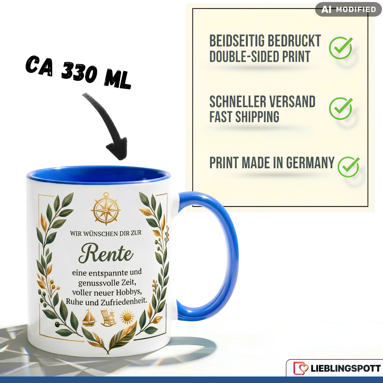 Tasse Spruch Wir wünschen dir zur Rente eine entspannte genussvolle Zeit – Geschenk zum Ruhestand Abschied Kollege Rente 2026 – Kaffeetasse – Keramik Becher Weiß Blau 330ml
