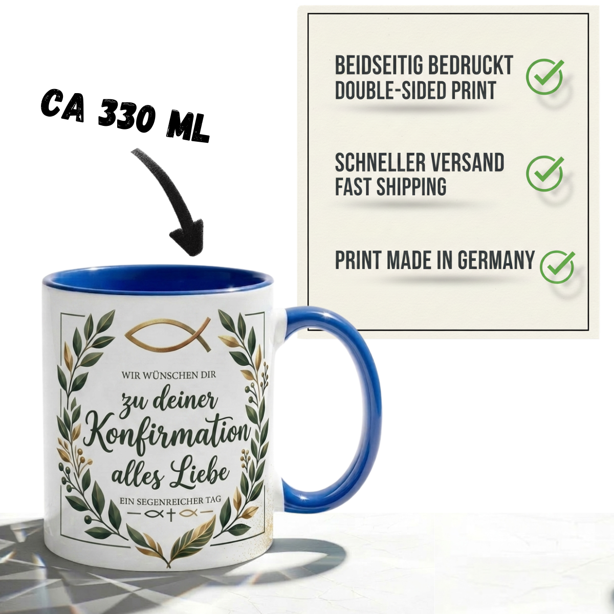 Konfirmation Tasse Spruch Wir wünschen dir zu deiner Konfirmation alles Liebe – Christliches Geschenk für Jungen Mädchen Teenager Patenkind 2027 – Kaffeetasse – Keramik Becher Weiß Blau 330ml