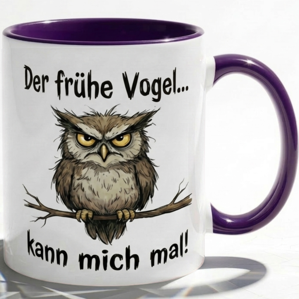 Eule Tasse Spruch Der frühe Vogel kann mich mal – Witzige Kaffeetasse Büro Arbeit Job Morgenmuffel Humor – Geschenk Kollegen Chef – Keramik Becher 330ml