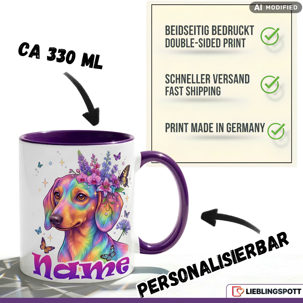Dackel  Tasse Name personalisiert Geschenk Mädchen Rosa Becher 330ml
