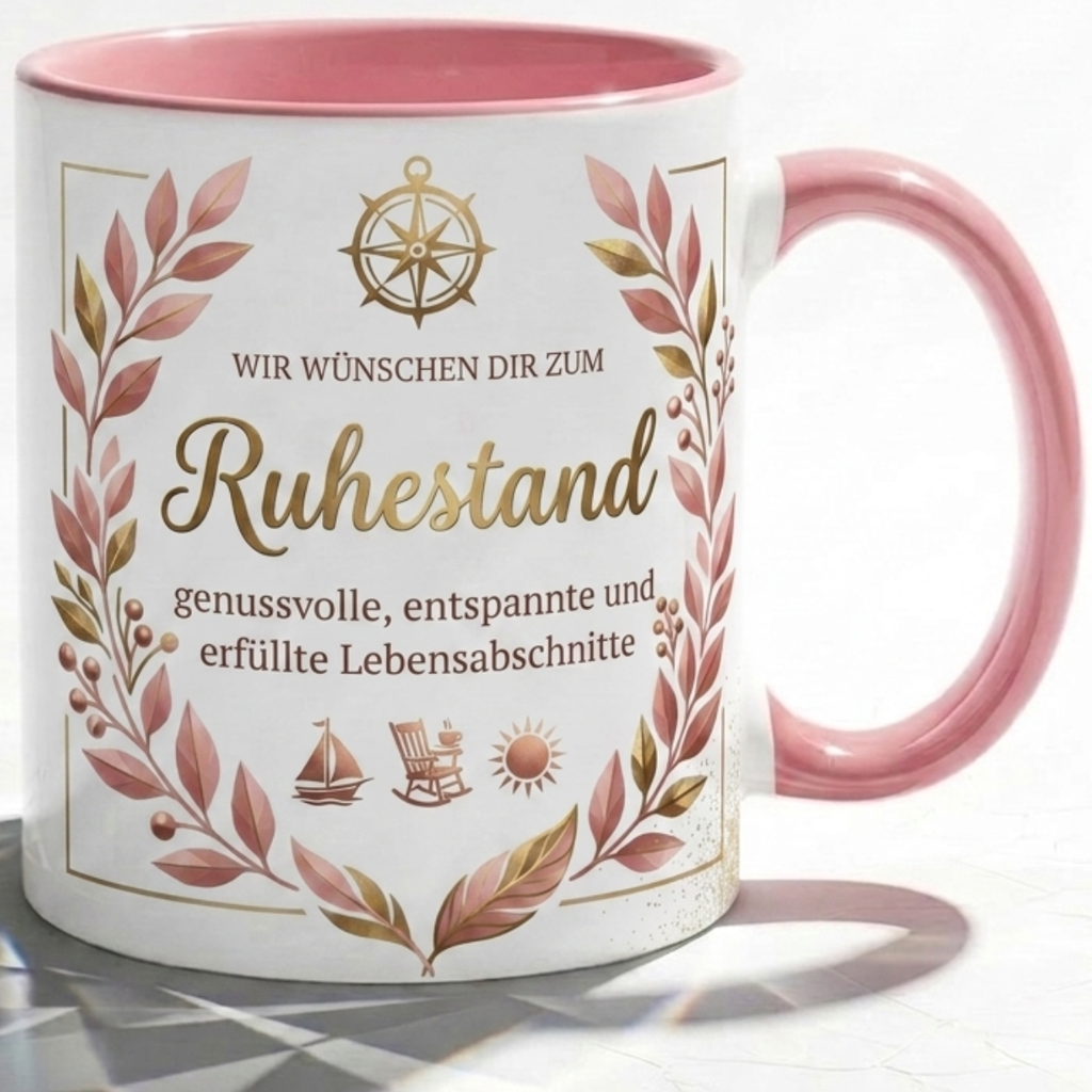 Tasse Spruch Wir wünschen dir zum Ruhestand genussvolle entspannte Lebensabschnitte – Geschenk zum Ruhestand Abschied Kollegin Rente 2026 – Kaffeetasse – Keramik Becher Weiß Rosa 330ml