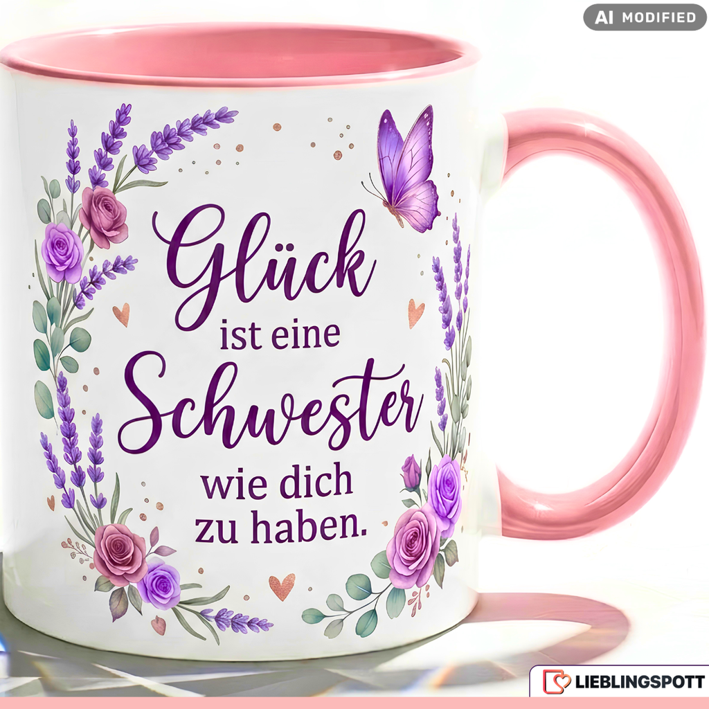 Schwester Tasse Spruch Glück Geschenk Danke Geburtstag Lila Becher 330ml