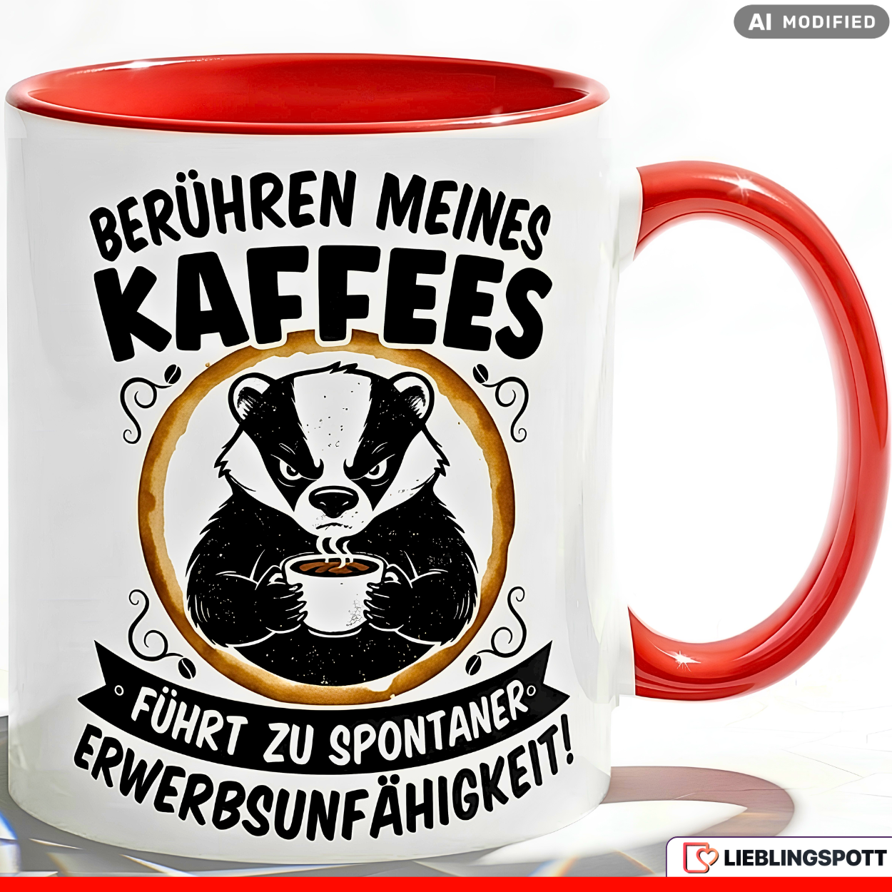 Lustige Dachs Tasse Spruch Berühren meines Kaffees führt zu spontaner Erwerbsunfähigkeit – Witzige Kaffeetasse Büro Arbeit Job – Geschenk Kollegen Chef Humor – Keramik 330ml