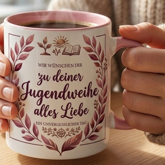 Jugendweihe Tasse Spruch Wir wünschen dir zu deiner Jugendweihe alles Liebe – Geschenk für Mädchen Teenager Erinnerung Feier 2027 – Kaffeetasse Blumenmotiv– Keramik Becher Weiß Rosa 330ml