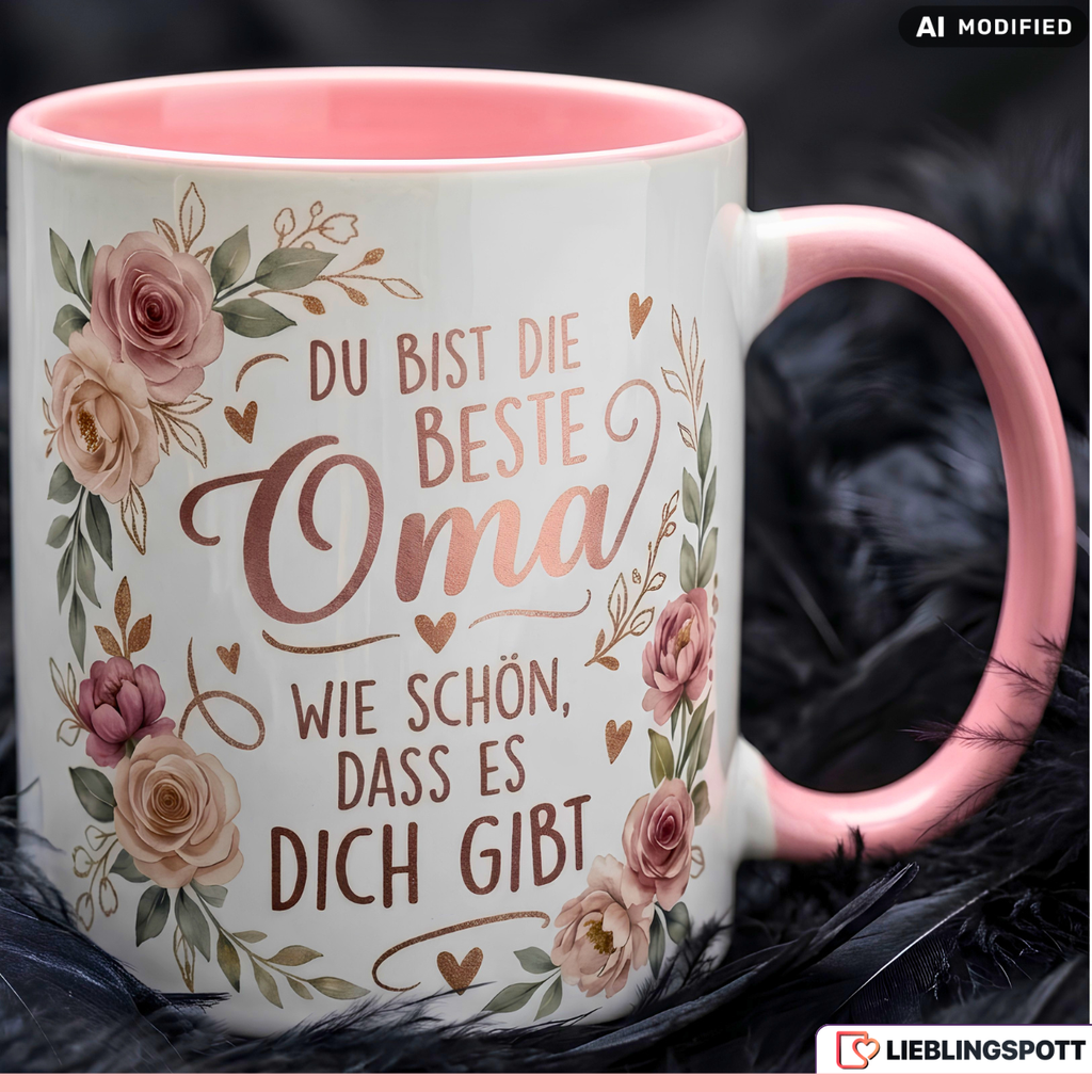 Oma Tasse Spruch Du bist die beste Oma Wie schön dass es dich gibt – Geschenk für Großmutter Geburtstag Danke Weihnachten Enkelkinder – Kaffeetasse Blumen – Keramik Becher Weiß Rosa 330ml