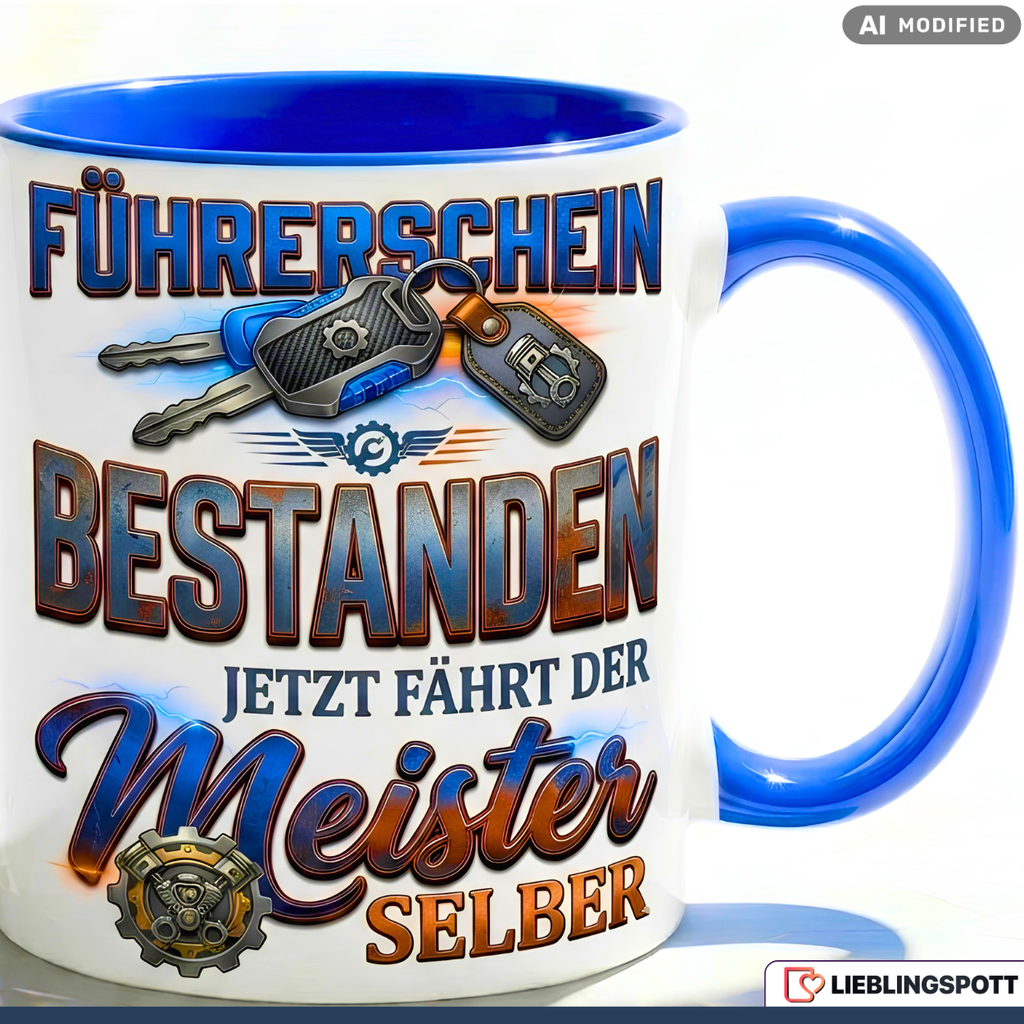Führerschein Tasse Bestanden Spruch Meister Geschenk Auto Blau Becher 330ml