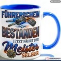 Führerschein Tasse Bestanden Spruch Meister Geschenk Auto Blau Becher 330ml