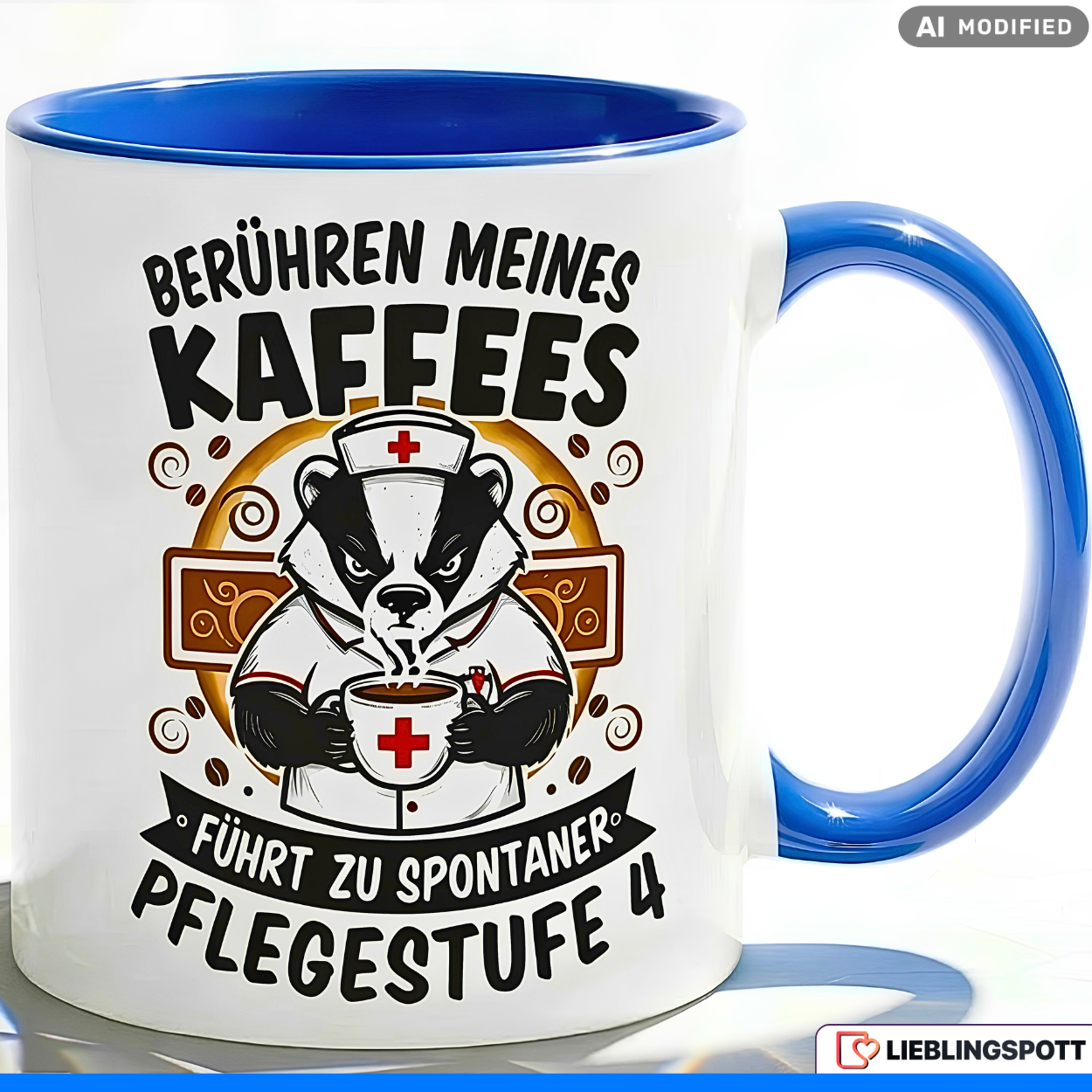 Lustige Dachs Tasse Spruch Berühren meines Kaffees führt zu spontaner Pflegestufe 4 – Witzige Kaffeetasse Pflegekraft Krankenschwester Pfleger – Geschenk Krankenhaus Altenpflege – Keramik 330ml