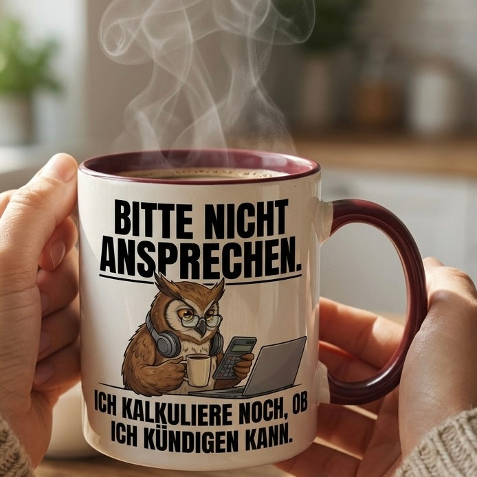 Lustige Eule Tasse Spruch Bitte nicht ansprechen Ich kalkuliere noch ob ich kündigen kann – Witzige Kaffeetasse Büro Arbeit Job Finanzen Buchhaltung – Geschenk Kollegen – Keramik 330ml