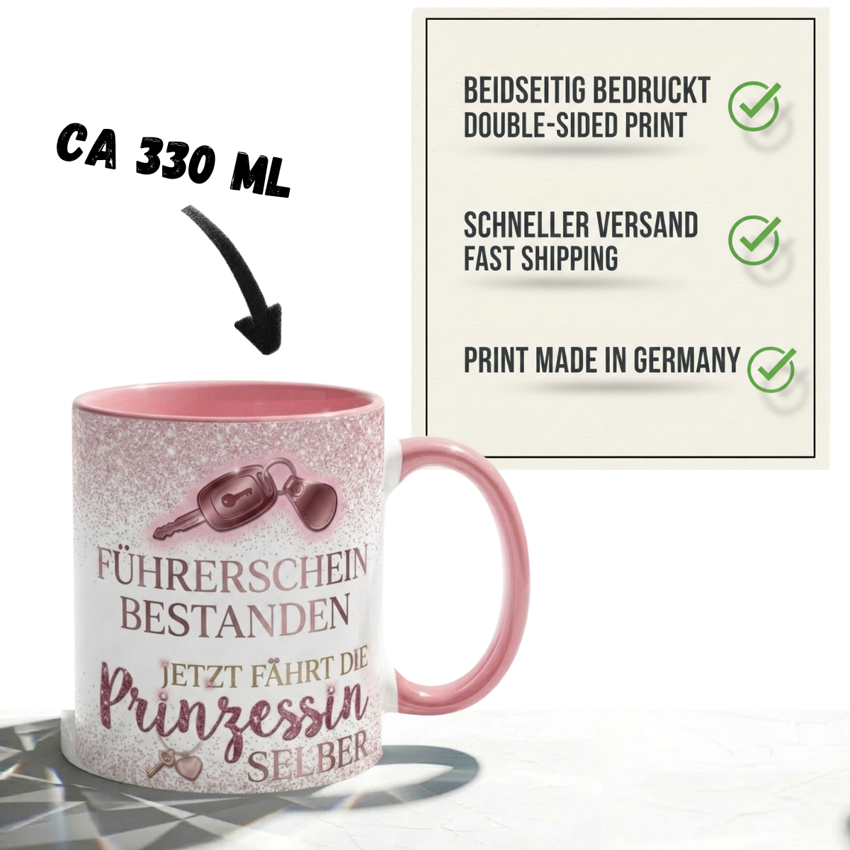Tasse Führerschein Bestanden Spruch Jetzt fährt die Prinzessin selber – Geschenk zur bestandenen Führerscheinprüfung Frauen Tochter Freundin – Kaffeetasse Keramik Becher Weiß Rosa 330ml