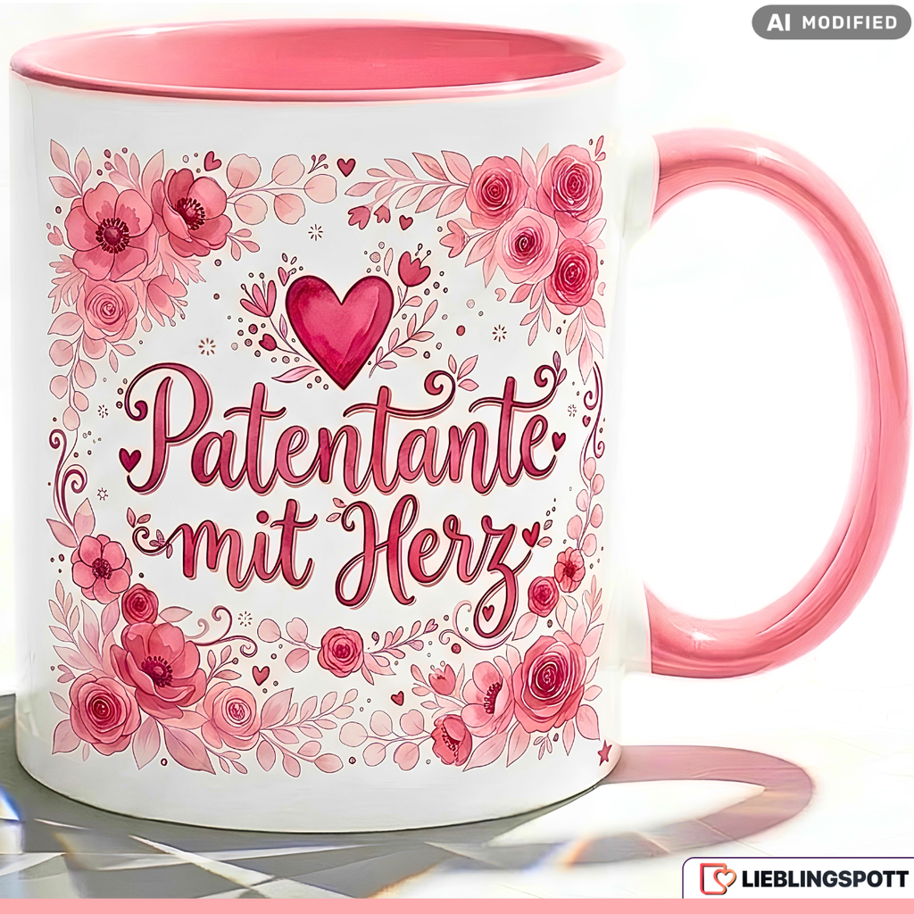 Patentante Tasse mit Herz Spruch Geschenk Geburtstag Rosa Becher 330mla
