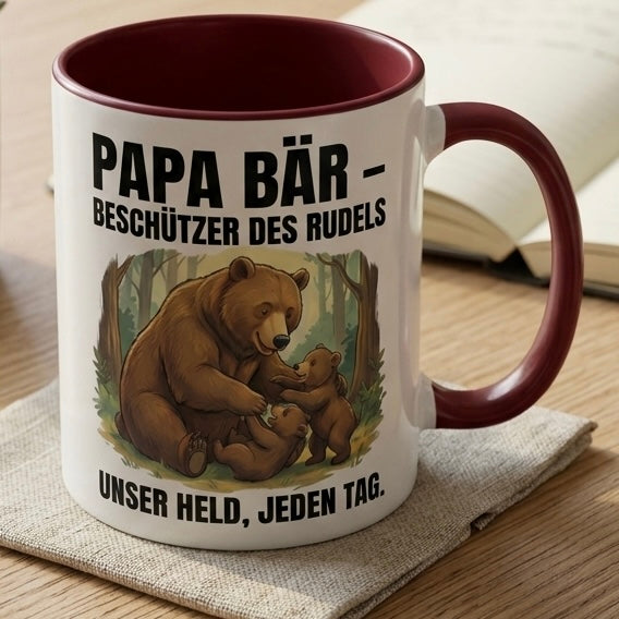 Papa Tasse Spruch Papa Bär Beschützer des Rudels Unser Held jeden Tag – Geschenk für Vater zum Vatertag Geburtstag Weihnachten – Liebevolle Kaffeetasse Bären Motiv – Keramik Becher 330ml