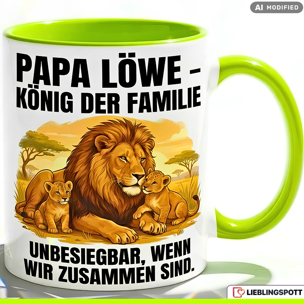 Papa Tasse Spruch Papa Löwe König der Familie Unbesiegbar wenn wir zusammen sind – Geschenk für Vater zum Vatertag Geburtstag Weihnachten – Kaffeetasse Löwen Motiv – Keramik Becher Weiß Schwarz 330ml