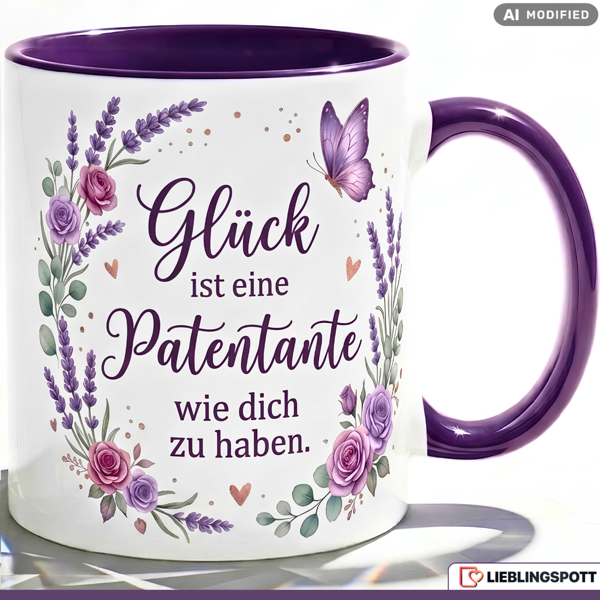Patentante Tasse Spruch Glück Geschenk Danke Geburtstag Lila Becher 330ml