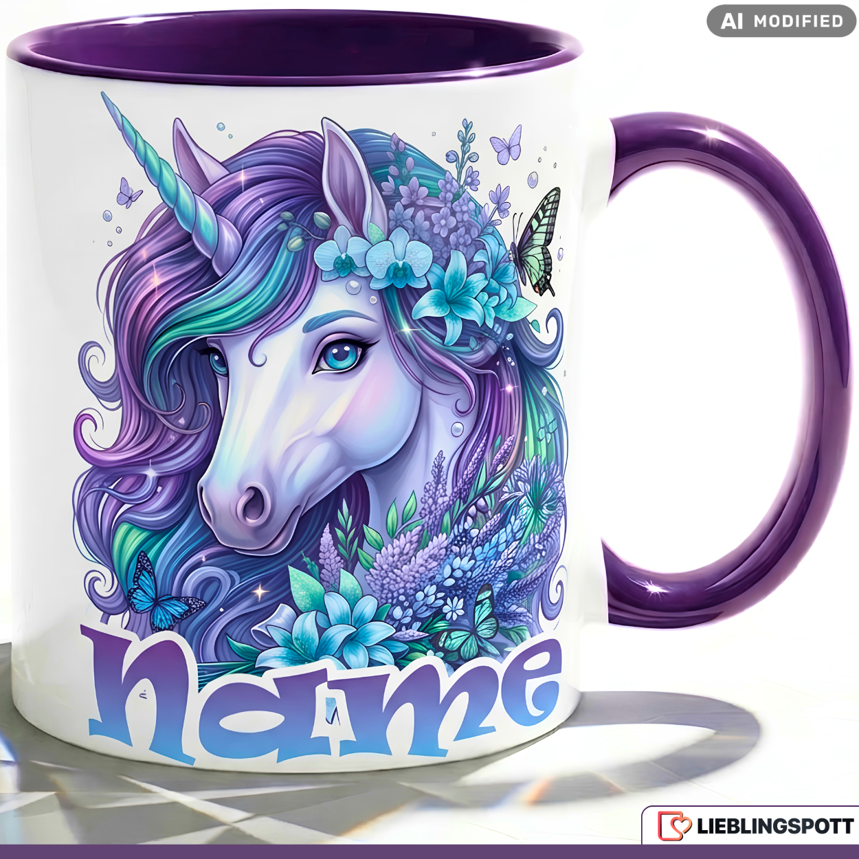 Einhorn Tasse Name personalisiert Geschenk Mädchen Lila Becher 330ml