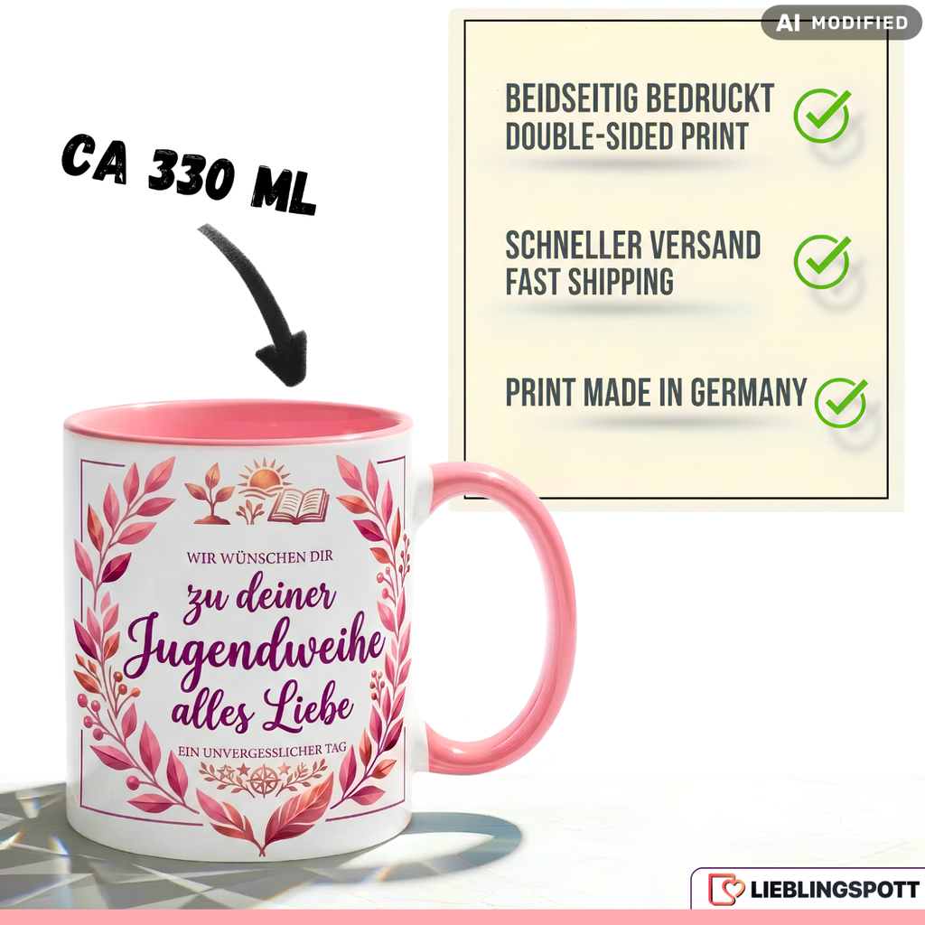 Jugendweihe Tasse Spruch Geschenk alles Liebe Lila Becher 330ml