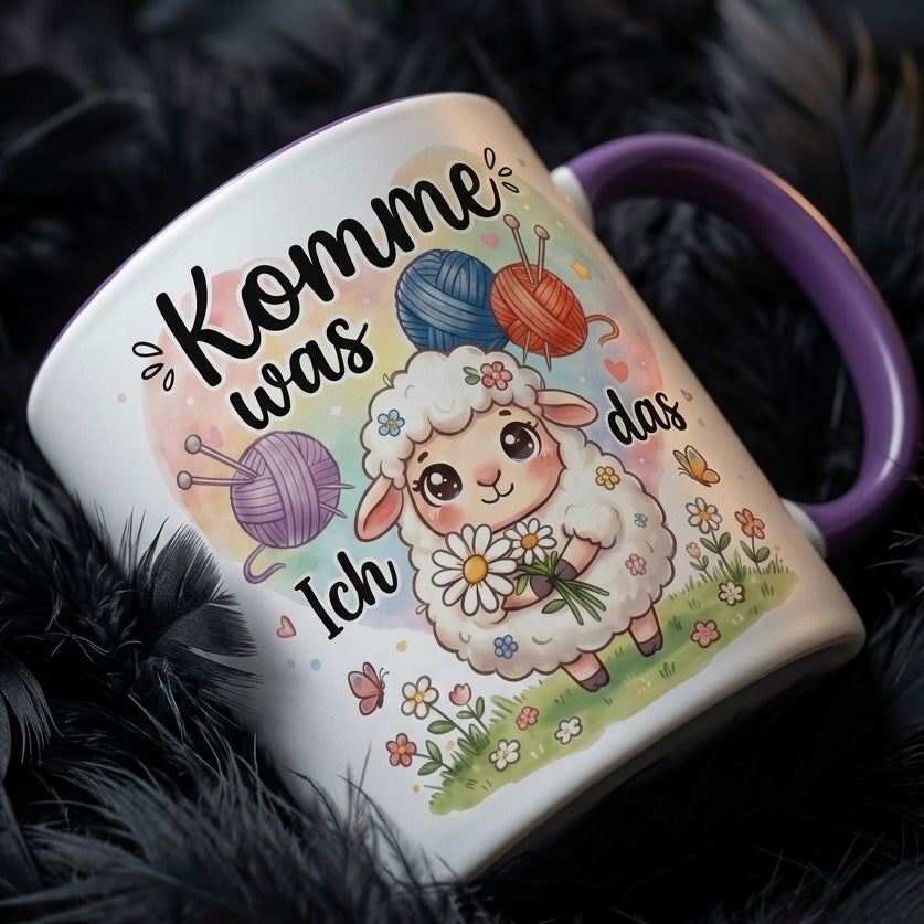 Lustige Schaf Tasse Spruch Komme was wolle Ich schaf das – Witzige Kaffeetasse Stricken Häkeln Wolle Handarbeit Motiv – Geschenk Freundin Geburtstag Mutmacher – Keramik Becher 330ml