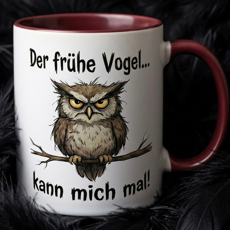 Eule Tasse Spruch Der frühe Vogel kann mich mal – Witzige Kaffeetasse Büro Arbeit Job Morgenmuffel Humor – Geschenk Kollegen Chef – Keramik Becher 330ml