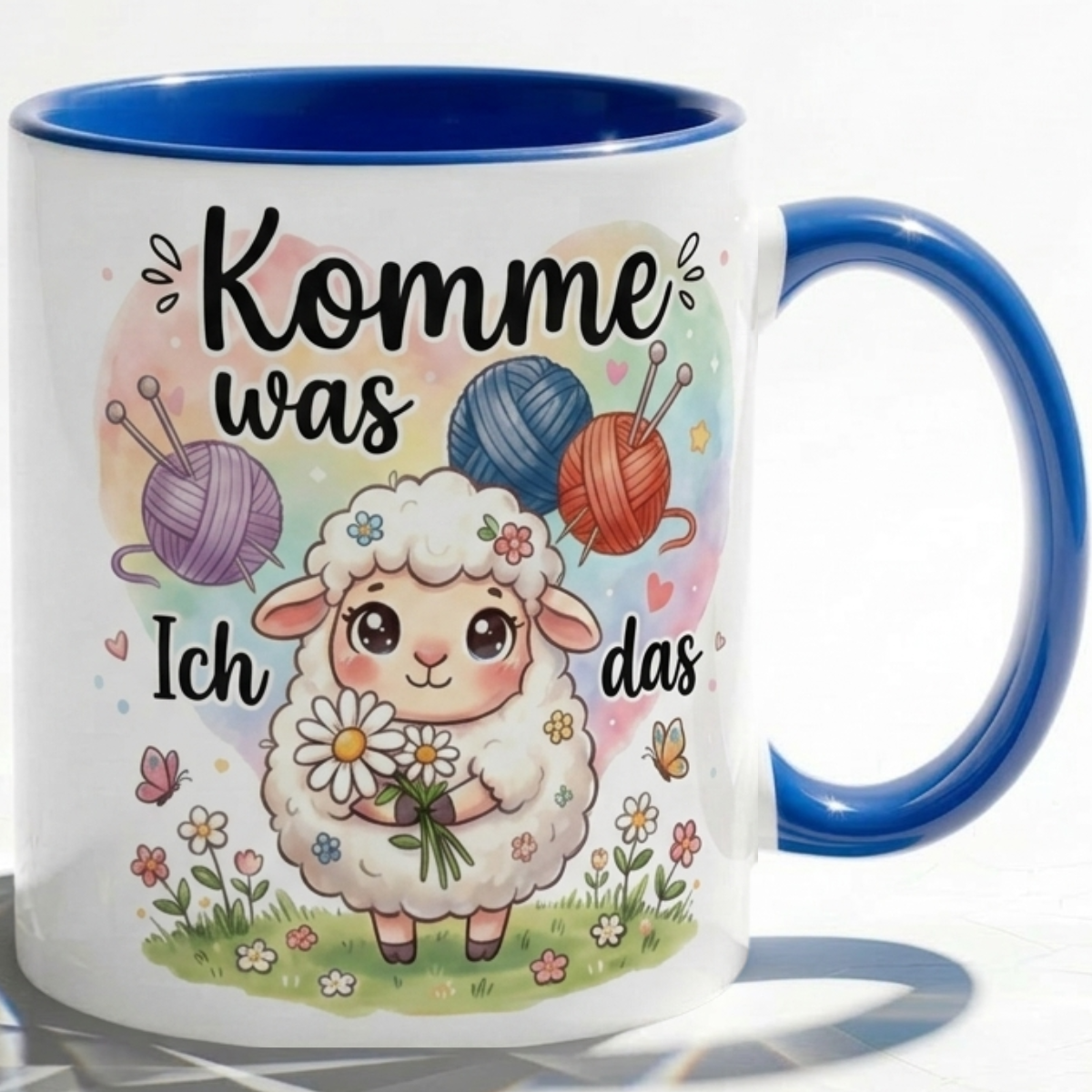 Lustige Schaf Tasse Spruch Komme was wolle Ich schaf das – Witzige Kaffeetasse Stricken Häkeln Wolle Handarbeit Motiv – Geschenk Freundin Geburtstag Mutmacher – Keramik Becher 330ml