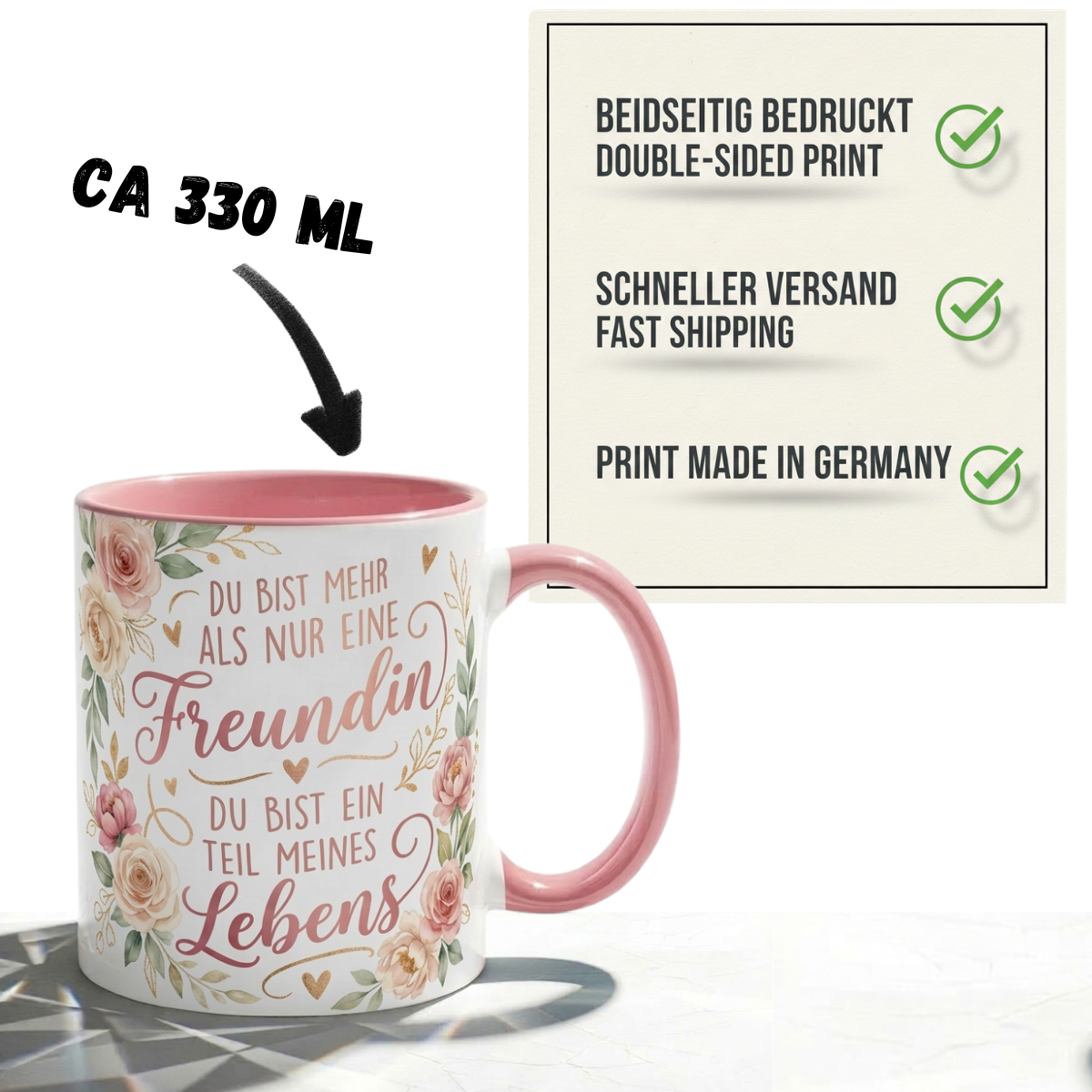 Freundin Tasse Spruch Du bist mehr als nur eine Freundin du bist ein Teil meines Lebens – Geschenk beste Freundin Geburtstag Abschied Danke – Kaffeetasse Blumen – Keramik Becher 330ml