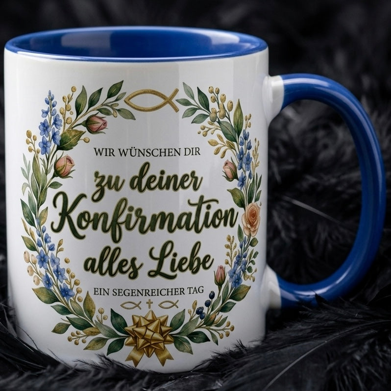 Konfirmation Tasse Spruch Wir wünschen dir zu deiner Konfirmation alles Liebe – Christliches Geschenk für Jungen Mädchen Teenager Patenkind 2027 – Kaffeetasse – Keramik Becher Weiß Blau 330ml