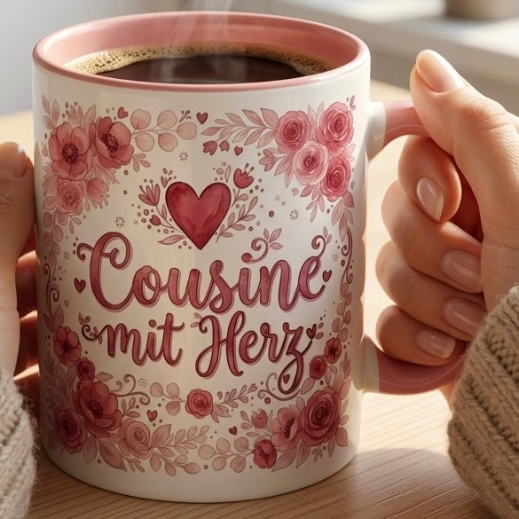 Cousine Tasse Spruch Cousine mit Herz – Geschenk für Cousinen Geburtstag Danke Weihnachten Familie – Kaffeetasse Blumen Rosen – Keramik Becher 330ml