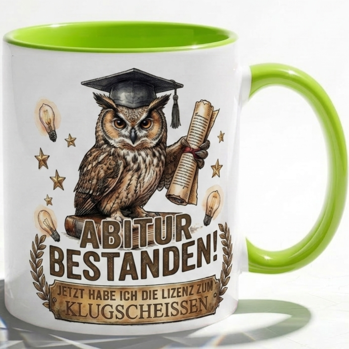 Abitur Tasse Spruch Abitur Bestanden Jetzt habe ich die Lizenz zum Klugscheissen – Lustiges Geschenk Abi Prüfung Schulabschluss 2027 Eule – Kaffeetasse – Keramik Becher Weiß Rot Dunkelrot 330m