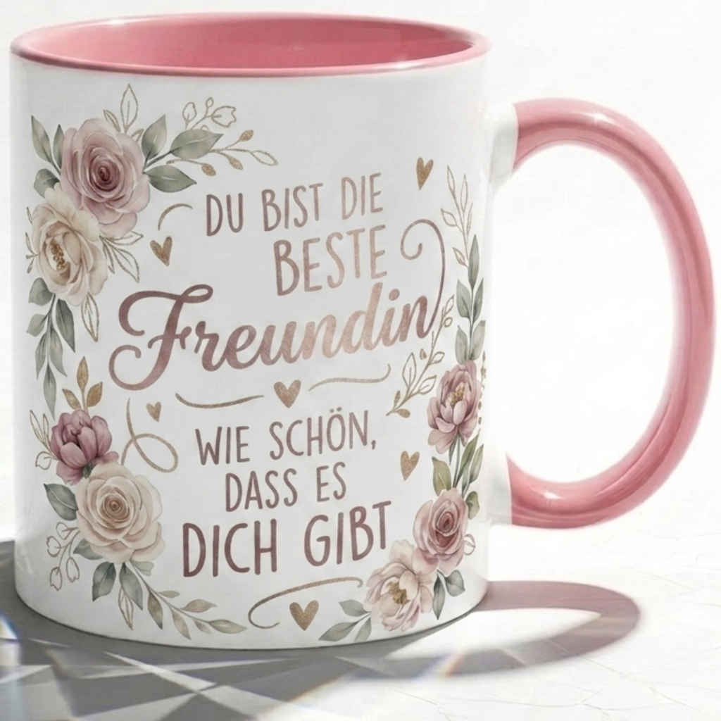 Beste Freundin Tasse Spruch Du bist die beste Freundin Wie schön dass es dich gibt – Geschenk beste Freundin Geburtstag Danke Abschied – Kaffeetasse Blumen – Keramik Becher Weiß Rosa 330ml
