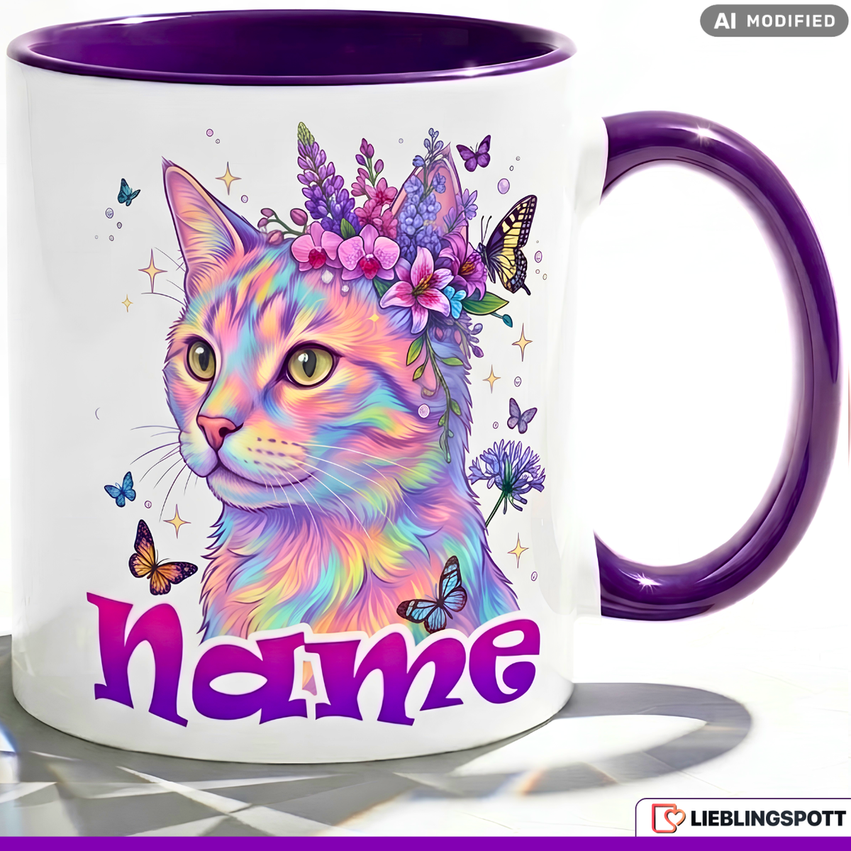 Katze Tasse Name personalisiert Geschenk Mädchen Lila Becher 330ml