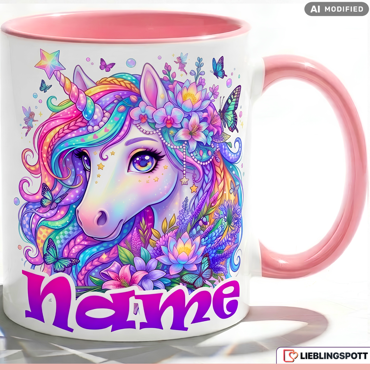 Einhorn Tasse Name personalisiert Geschenk Mädchen Rosa Becher 330ml