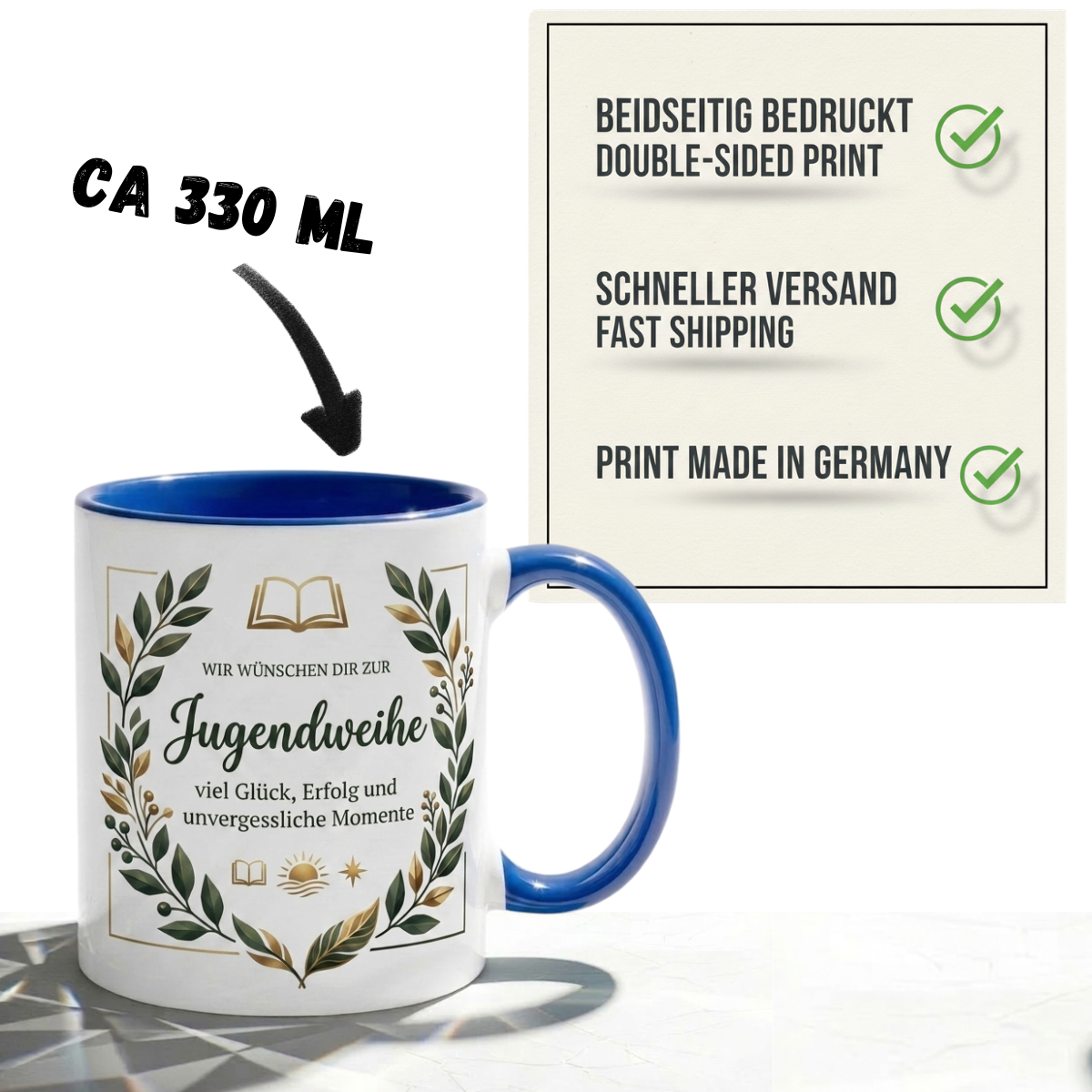 Jugendweihe Tasse Spruch Wir wünschen dir zur Jugendweihe – Geschenk für Jungen Teenager Erinnerung Feier 2027 Glück Erfolg – Kaffeetasse Blätter – Keramik Becher Weiß Blau 330ml