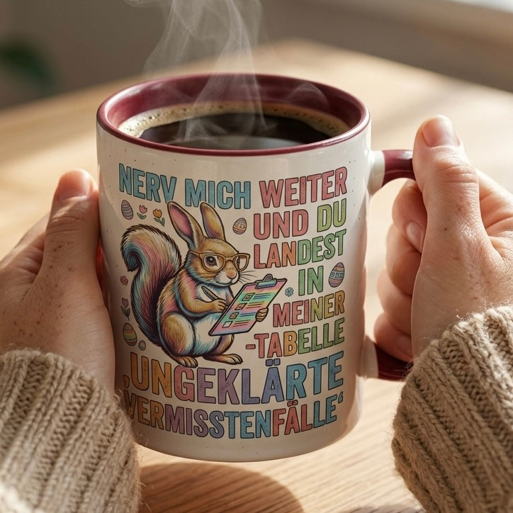 Bürotasse Spruch Nerv mich weiter und du landest in meiner Tabelle ungeklärte Vermisstenfälle – Lustiges Geschenk Kollegen Büro Humor Eichhörnchen – Kaffeetasse – Keramik Becher 330ml