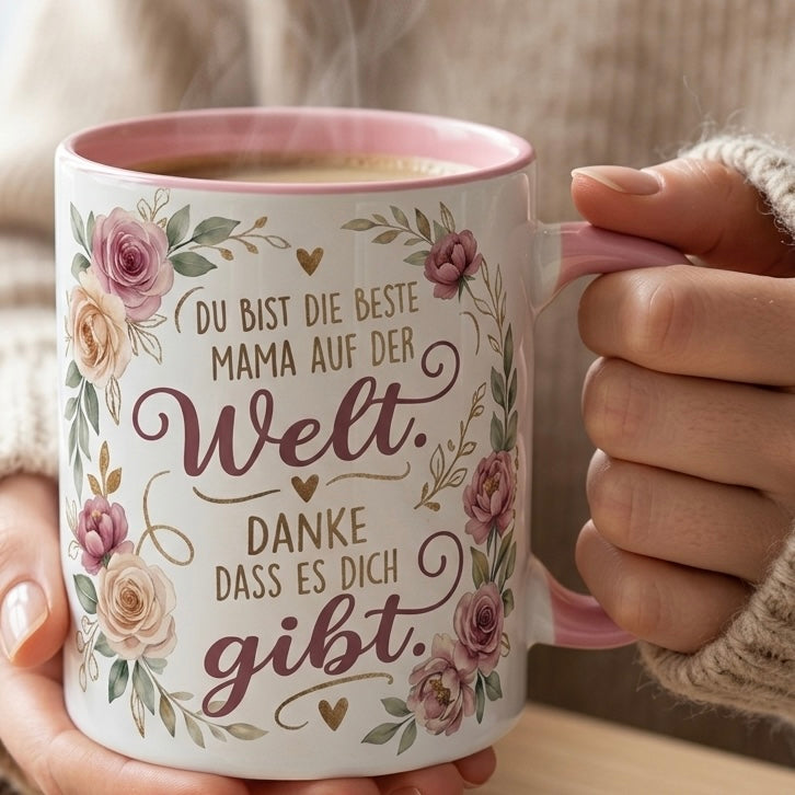 Mama Tasse Spruch Du bist die beste Mama auf der Welt Danke dass es dich gibt – Geschenk für Mutter Muttertag Geburtstag Weihnachten – Kaffeetasse Blumen – Keramik Becher 330ml
