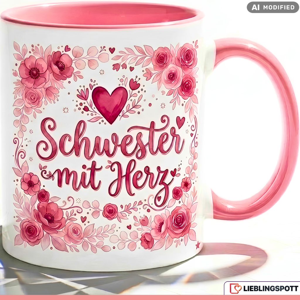 Schwester Tasse mit Herz Spruch Geschenk Geburtstag Rosa Becher 330ml