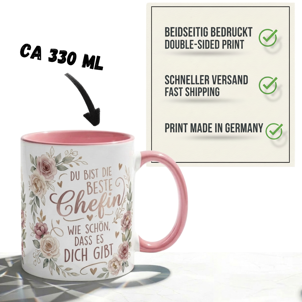 Chefin Tasse Spruch Du bist die beste Chefin Wie schön dass es dich gibt – Geschenk für Vorgesetzte Geburtstag Danke Abschied Weihnachten – Kaffeetasse Blumen – Keramik Becher Weiß Rosa 330ml