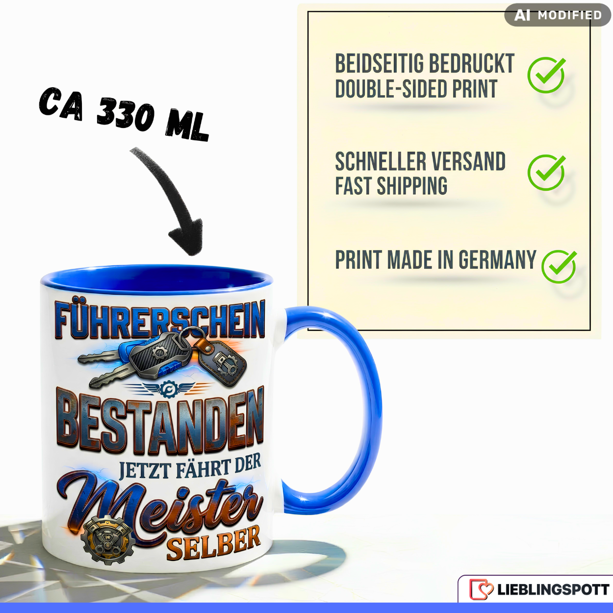 Führerschein Tasse Bestanden Spruch Meister Geschenk Auto Blau Becher 330ml