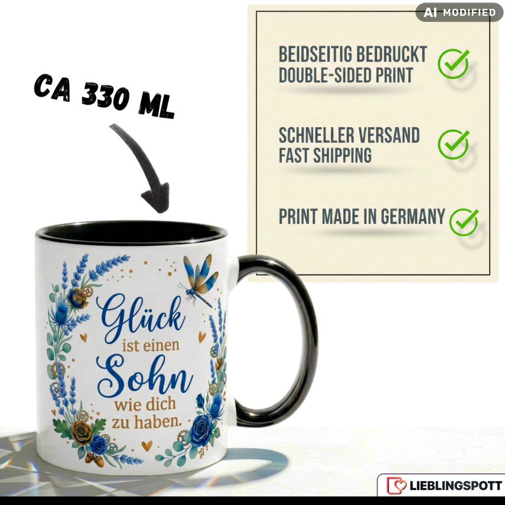 Sohn Tasse Spruch Glück Geschenk Geburtstag Blau Kaffeetasse 330ml