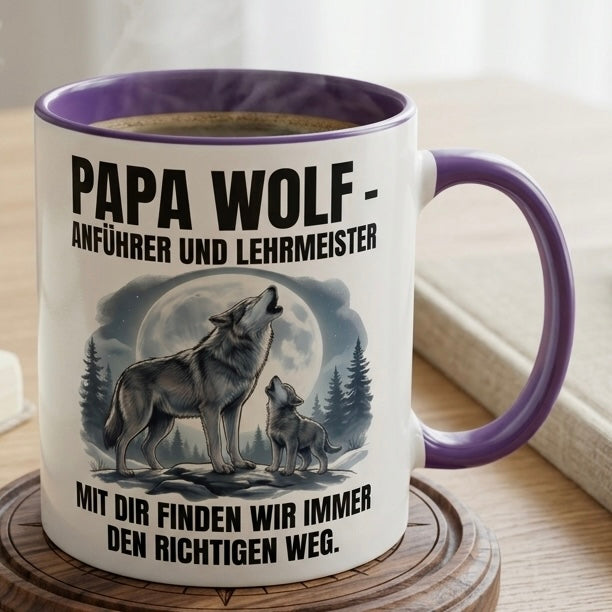 Papa Tasse Spruch Papa Wolf Anführer Lehrmeister Mit dir finden wir immer den richtigen Weg – Geschenk für Vater zum Vatertag Geburtstag Weihnachten – Kaffeetasse Wolf Motiv – Keramik 330ml