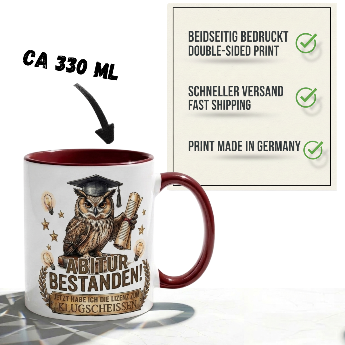 Abitur Tasse Spruch Abitur Bestanden Jetzt habe ich die Lizenz zum Klugscheissen – Lustiges Geschenk Abi Prüfung Schulabschluss 2027 Eule – Kaffeetasse – Keramik Becher Weiß Rot Dunkelrot 330m