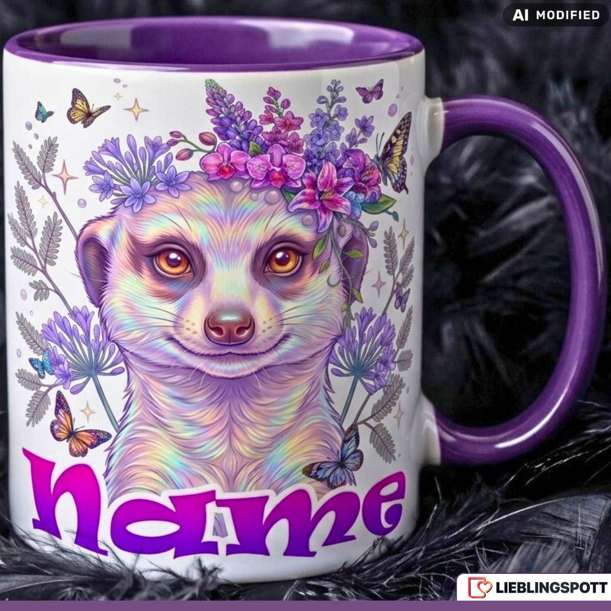 Erdmännchen Tasse Name personalisiert Geschenk Mädchen Lila Becher 330ml