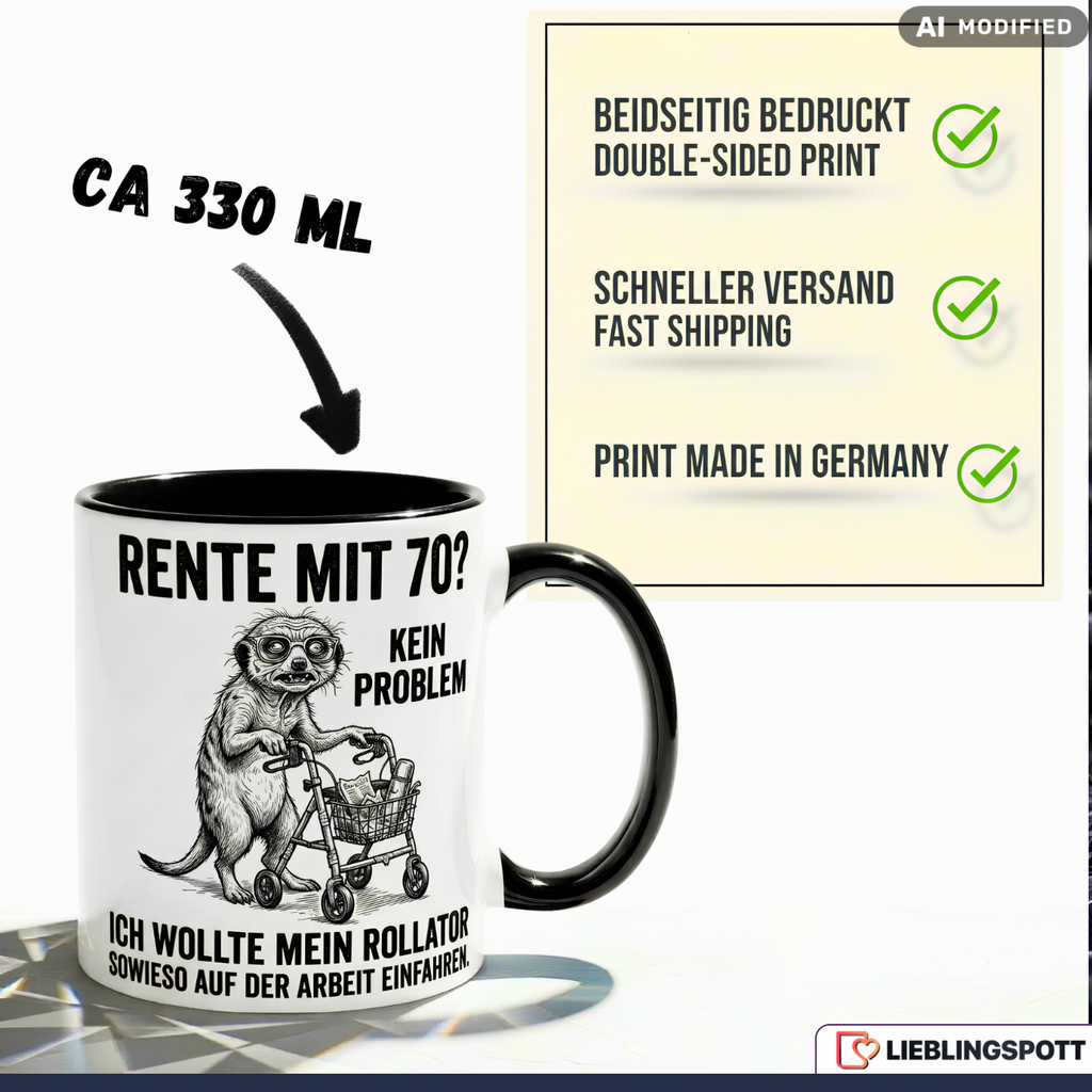 Rente Tasse Lustig Spruch Erdmännchen Rollator Geschenk Arbeit Becher 330ml