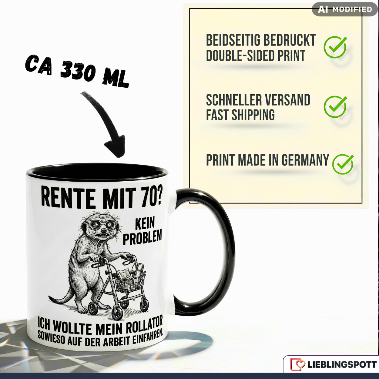 Rente Tasse Lustig Spruch Erdmännchen Rollator Geschenk Arbeit Becher 330ml