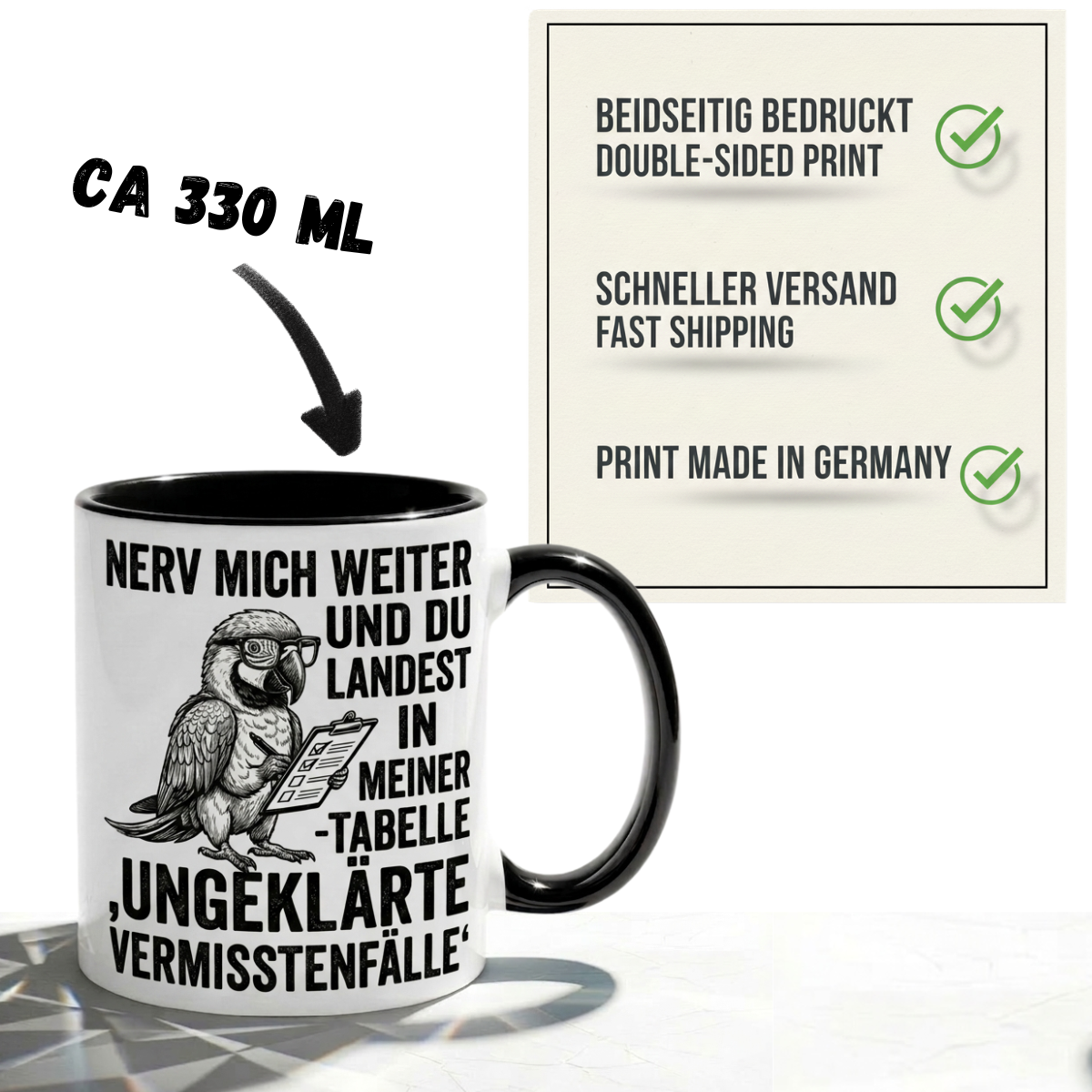 Lustige Papagei Tasse Spruch Nerv mich weiter und du landest in meiner Tabelle – Witzige Kaffeetasse Büro Arbeit Job Finanzen Controlling – Geschenk Kollegen – Keramik 330ml