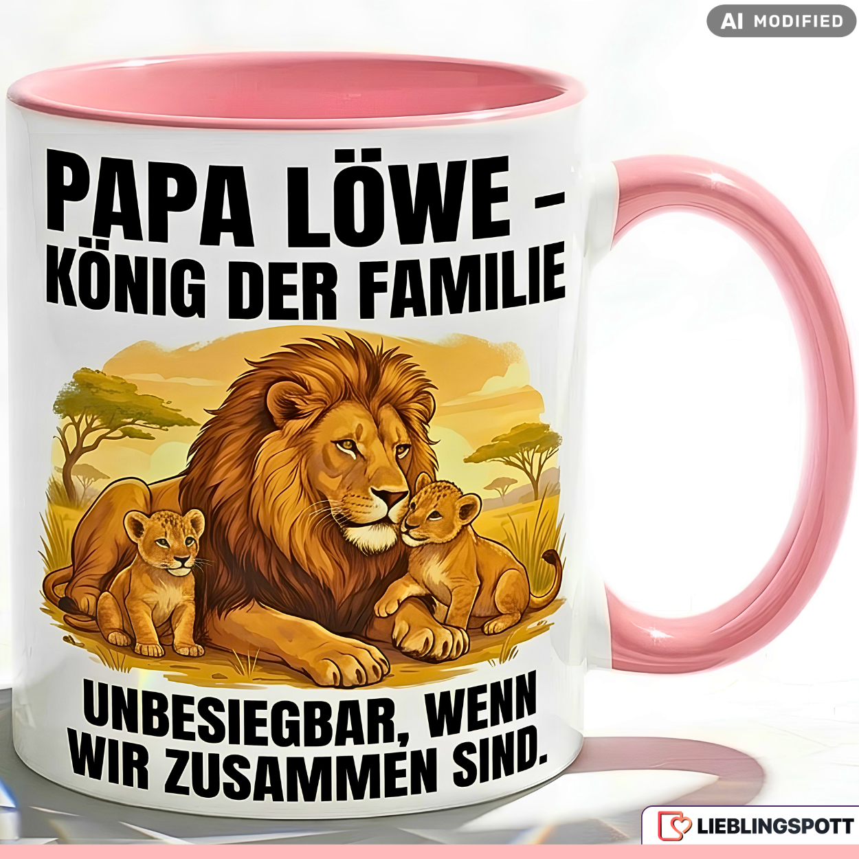 Papa Tasse Spruch Papa Löwe König der Familie Unbesiegbar wenn wir zusammen sind – Geschenk für Vater zum Vatertag Geburtstag Weihnachten – Kaffeetasse Löwen Motiv – Keramik Becher Weiß Schwarz 330ml
